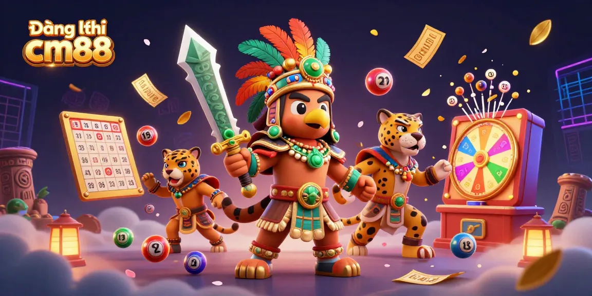 Engage in Đăng ký cm88 with vibrant characters and dynamic casino elements illustrating lottery excitement.