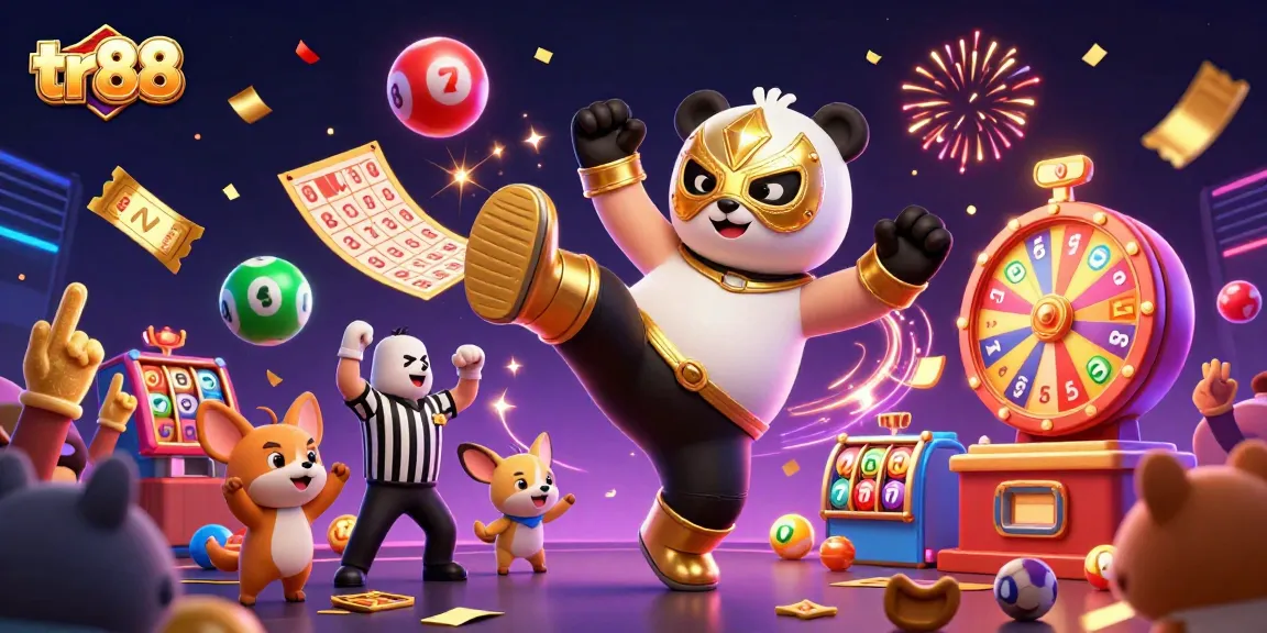 Experience exciting jackpots with tr88 as a panda wrestler kicks through vibrant casino elements.