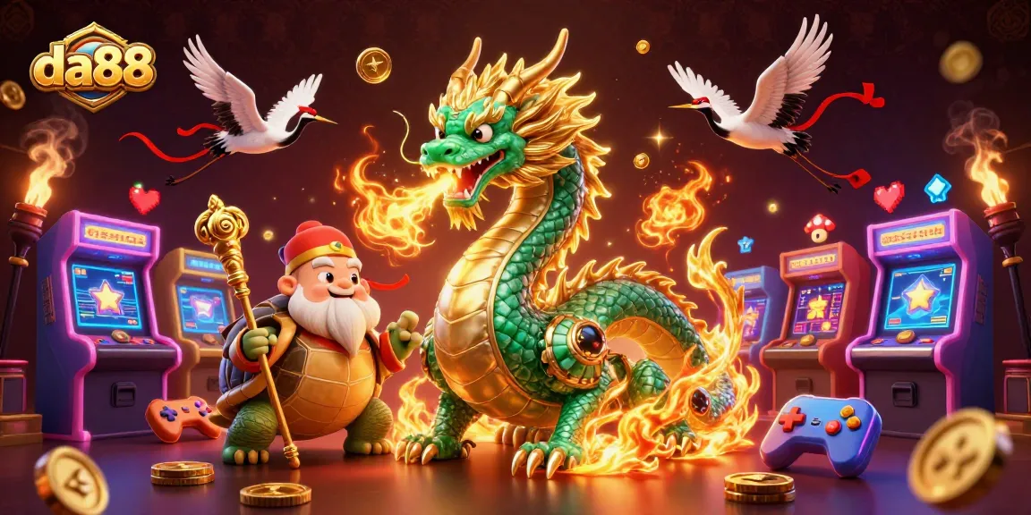 Engage with da88's vibrant casino atmosphere featuring a jade dragon and lucky cranes.