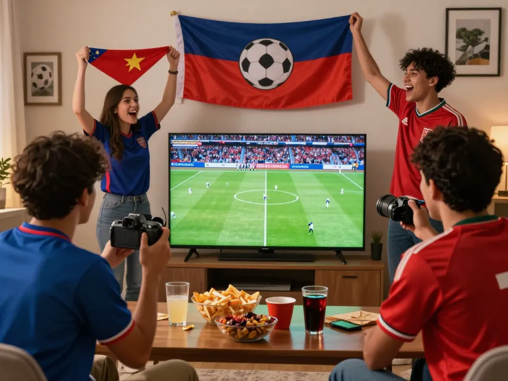 Fan enjoying Cakhia football match streaming with friends in cozy living room.
