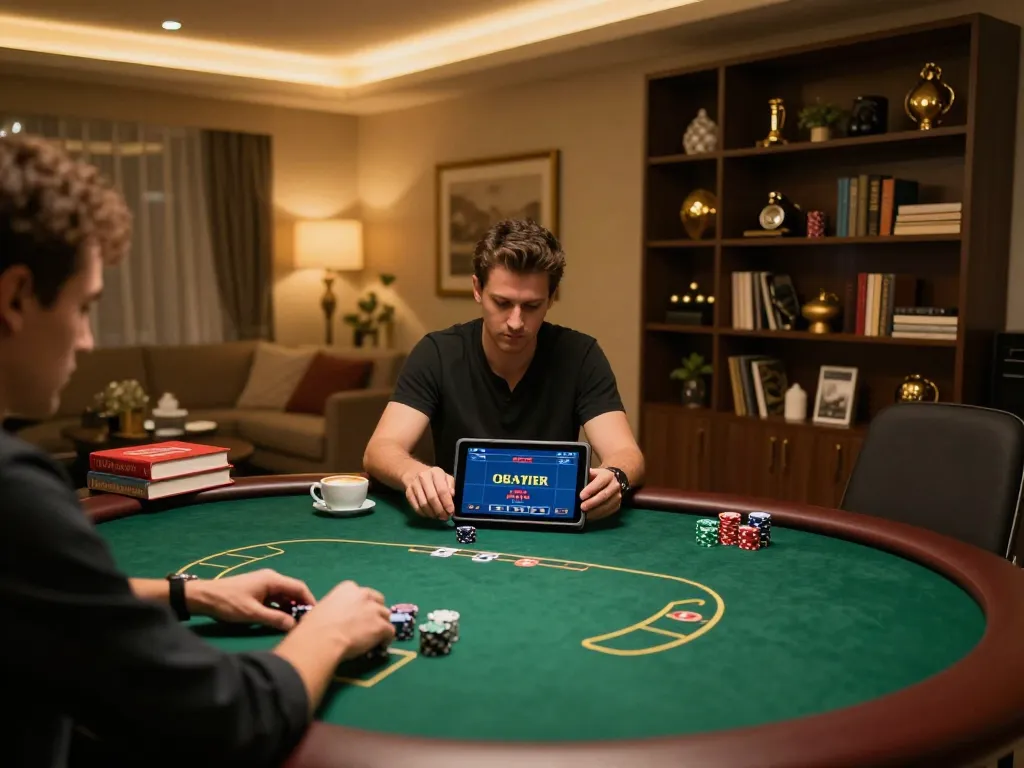 Engaged player using 22luck8 app on tablet for poker strategies in a cozy home setting.