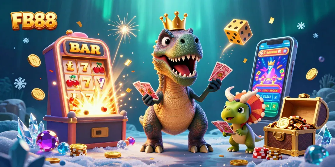 Experience thrilling gaming at FB88 with a colorful illustration of a T-Rex shuffling cards and a treasure-filled slot machine.