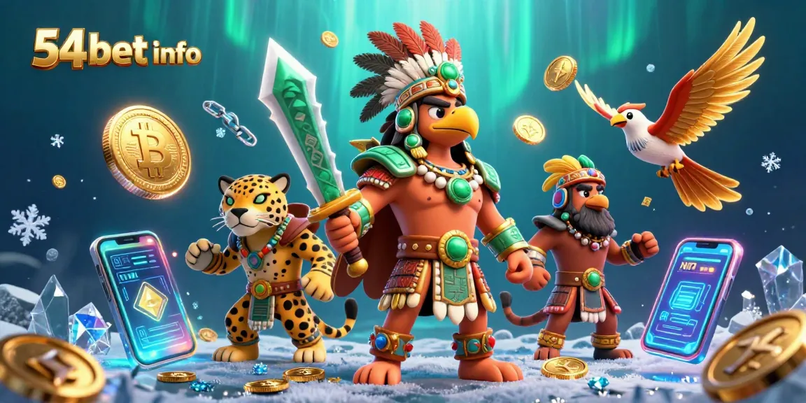 Engage with the 54bet info platform, featuring vibrant 3D characters and casino elements.