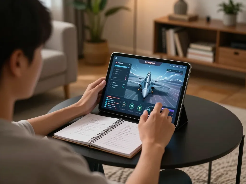 Engaging player using F168s on tablet with strategic notes, in a warm, inviting home setup.