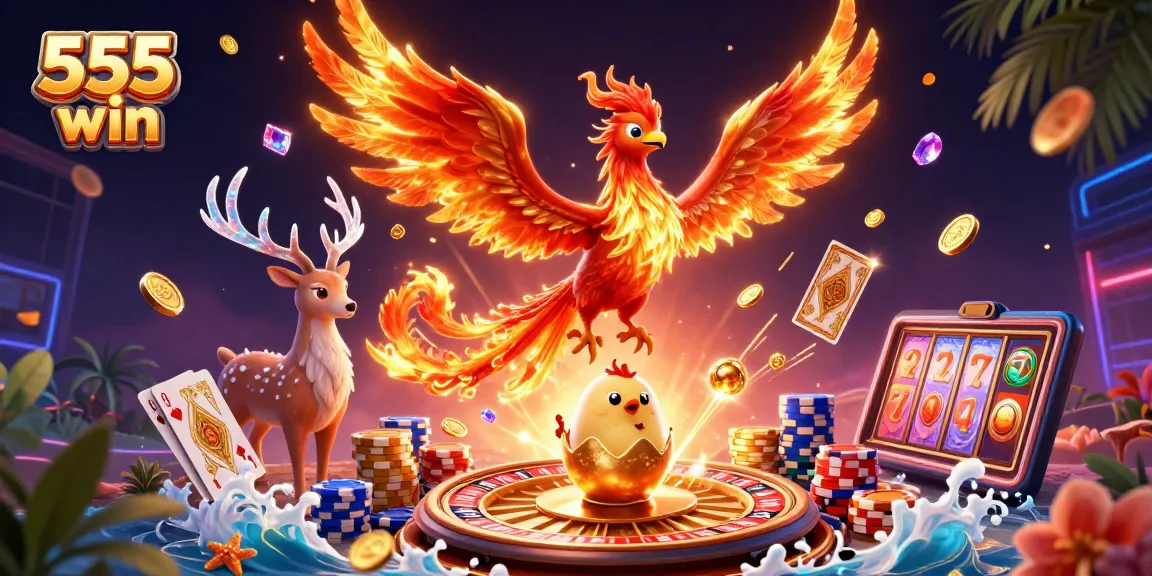 Exciting 555 win casino illustration featuring dynamic characters and vibrant gambling elements.