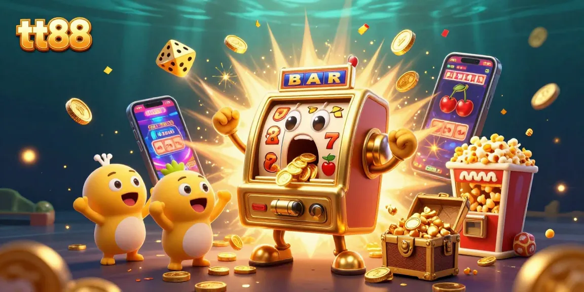tt88's animated slot machine hits jackpot, spilling coins with cheers from mini slot machines.