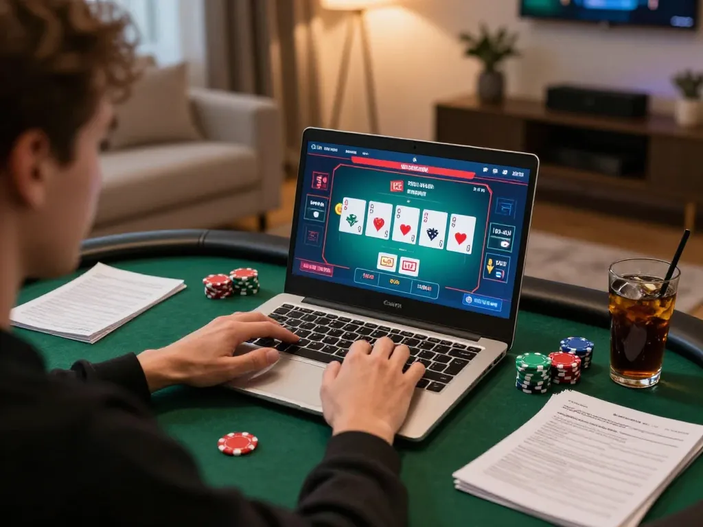 11win player strategizing in an online poker game at home, showcasing dynamic gaming action.
