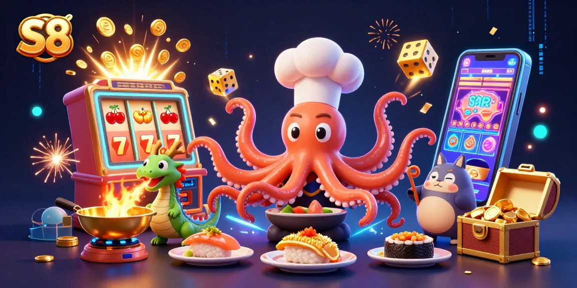 Engage with S8's vibrant casino games as the octopus chef creates golden dishes in this dynamic gambling scene.