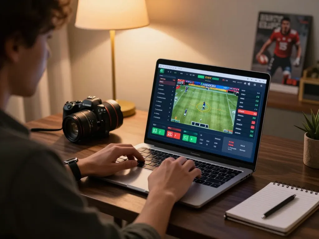 Engaged player using qq88 platform for online sports betting at home with strategy notes.
