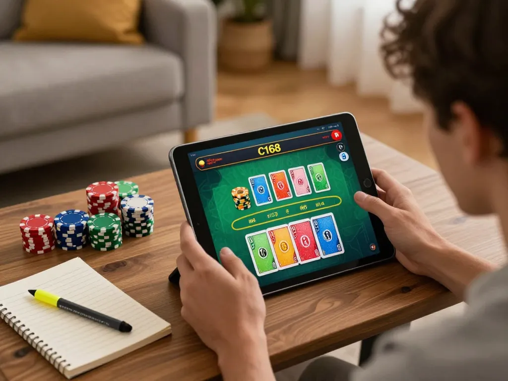 C168 player strategizing in a cozy home setting during an engaging online casino session.