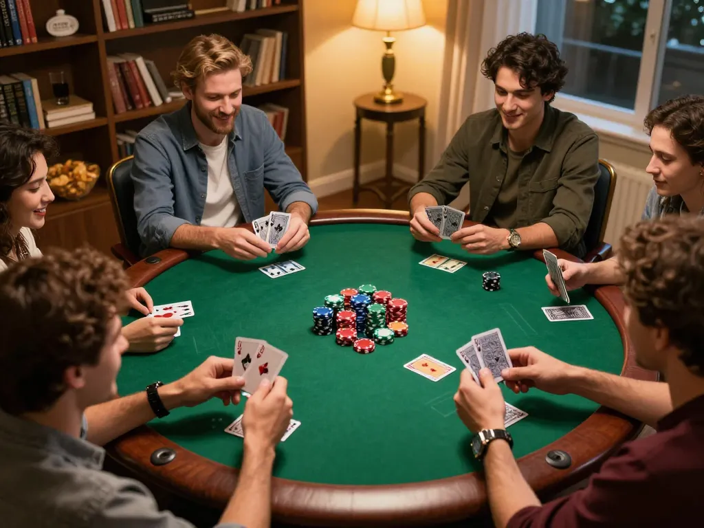 Friends enjoying a poker night while placing bets and showcasing DA88 gaming strategy together.