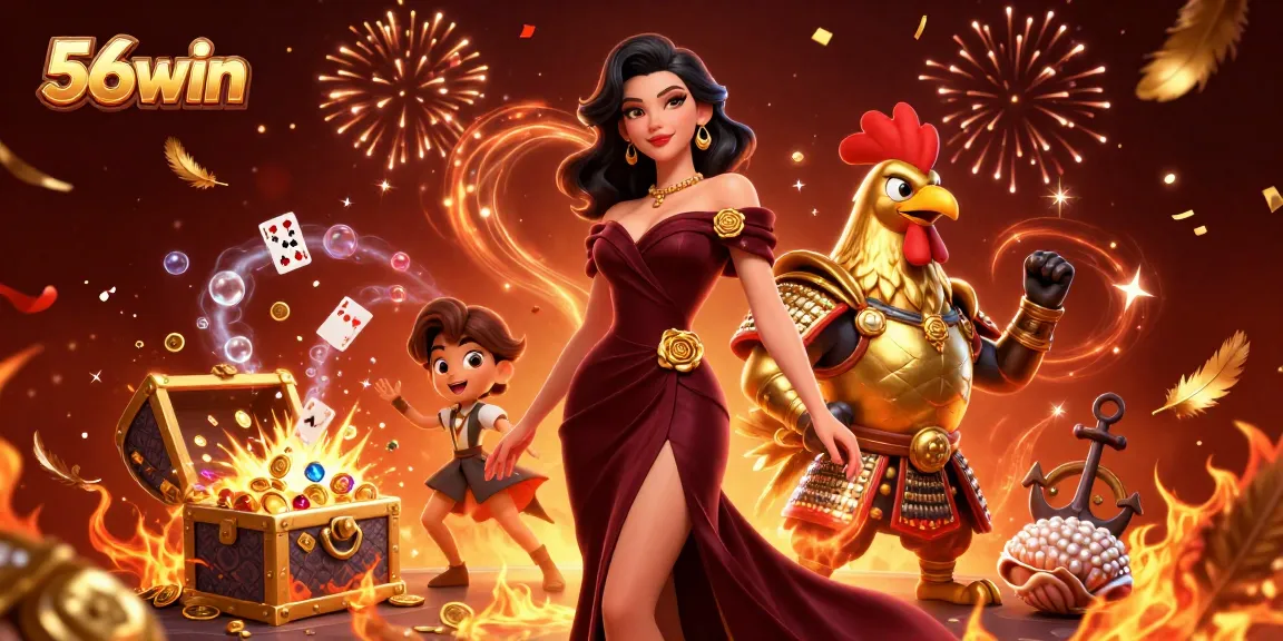 Engage in thrilling cockfighting action at 56win featuring a glamorous warrior rooster, surrounded by dynamic game elements.
