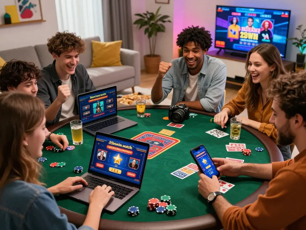 Casino gaming experience with friends celebrating at https://23win.watch/, showcasing laptops and vibrant lighting.