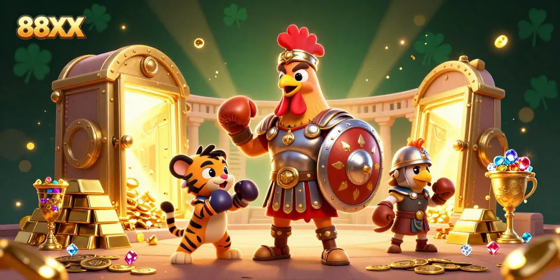 Engage with 88XX as a gladiator rooster dominates a vibrant casino arena filled with treasures.