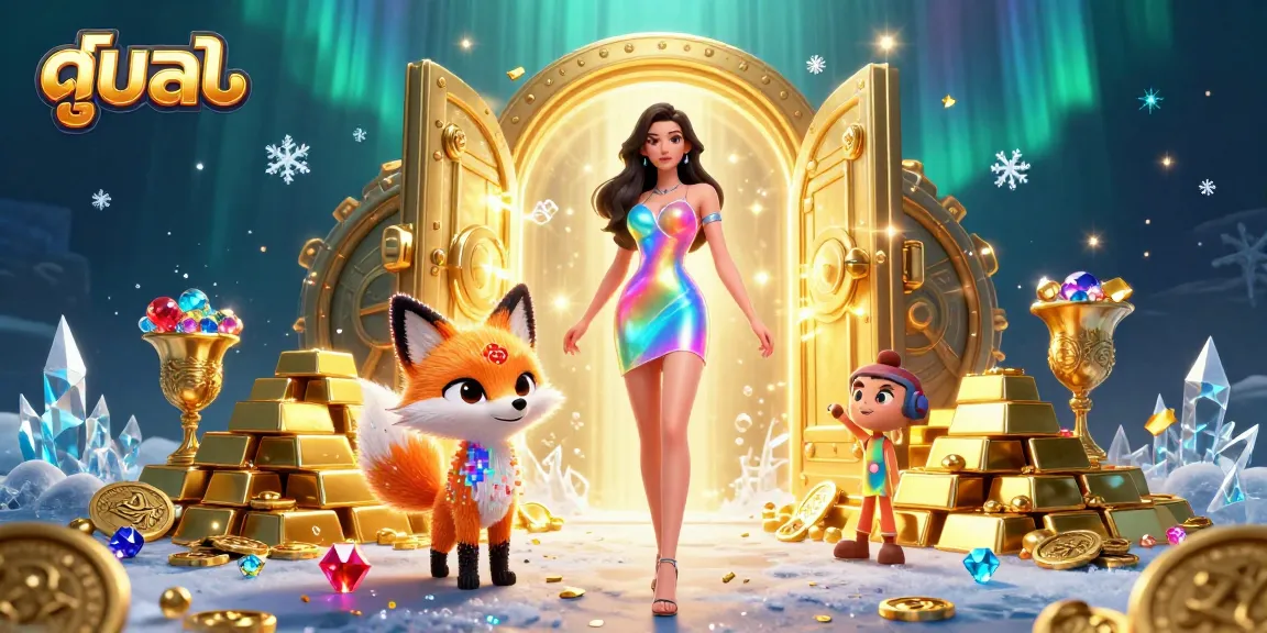 Experience ดูบอล at its finest with colorful 3D characters amidst golden treasures and vibrant casino elements.