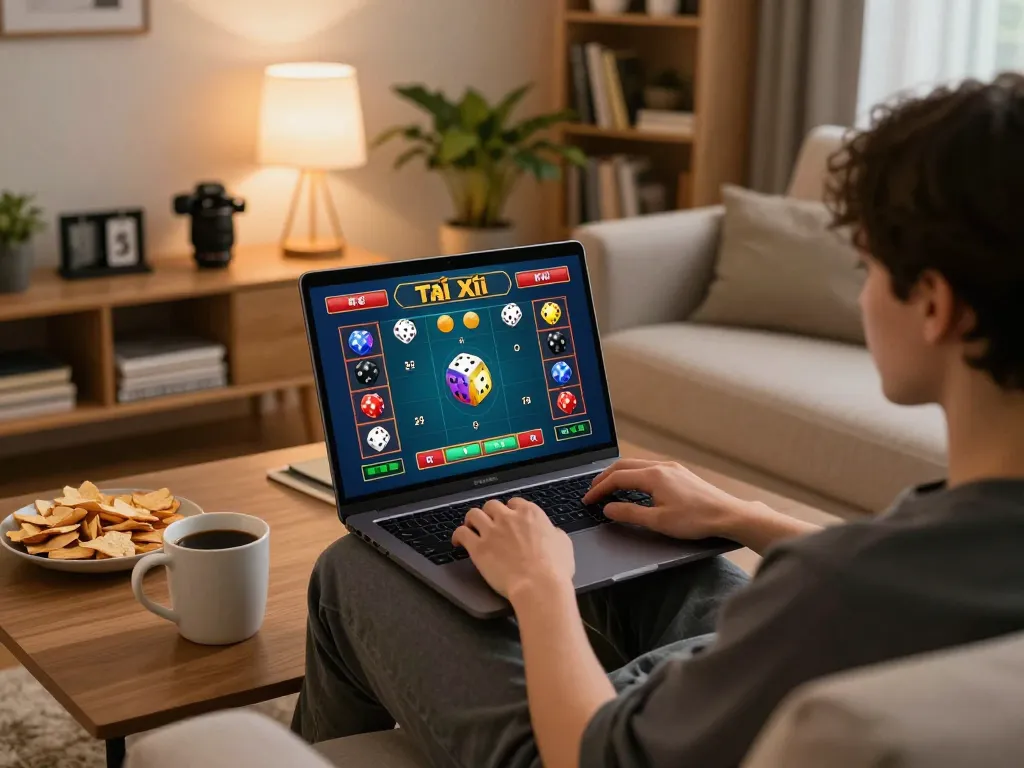 Person enjoying Tài Xỉu online gameplay at home, showcasing a comfortable gaming setup.