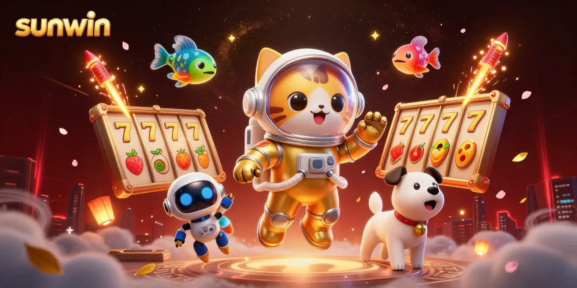 Win big with Sunwin's immersive gambling experience featuring a golden astronaut cat surrounded by slot reels and golden fireworks.