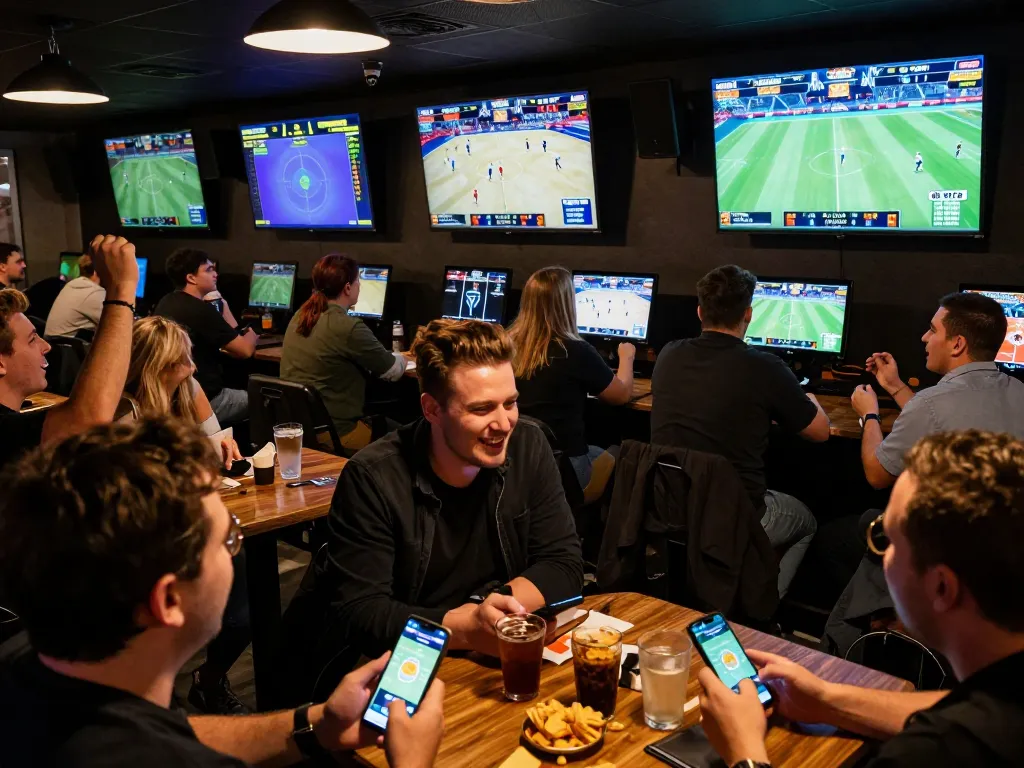 Place bets on sports with excitement at https://tip88.buzz/, featuring enthusiastic fans in a bustling sports bar.