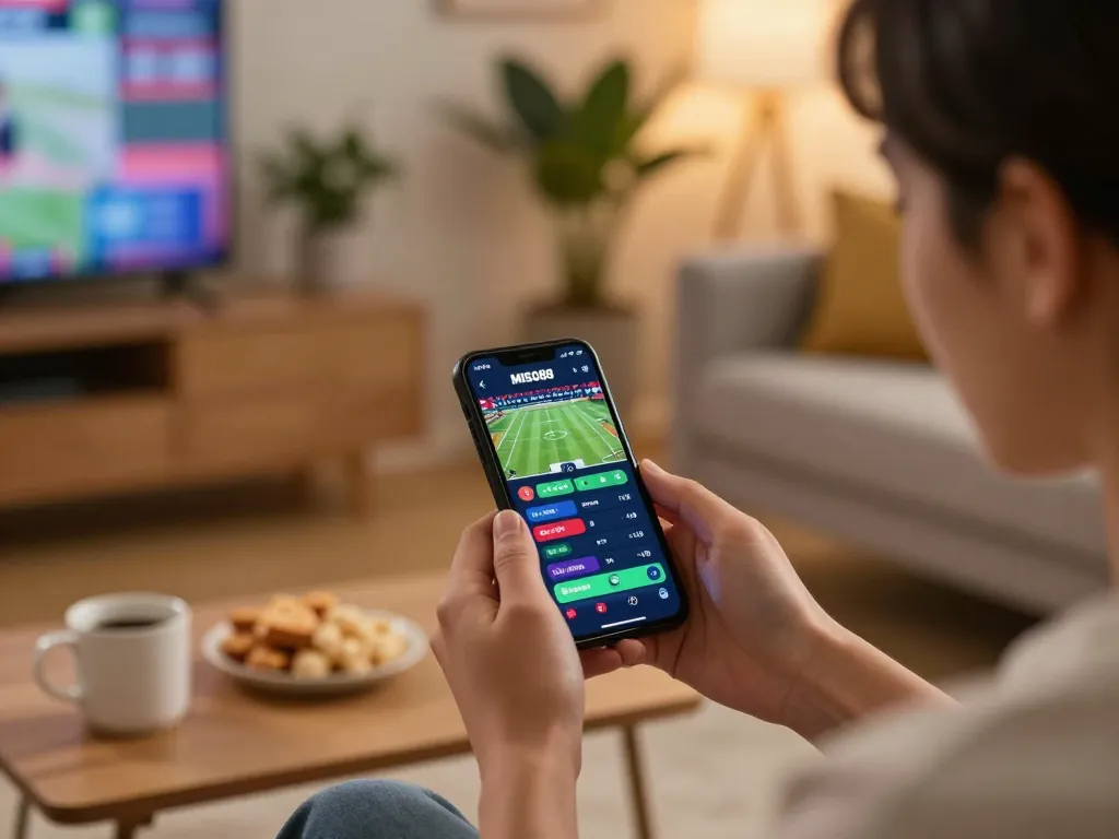 MISO88 user placing bets on smartphone in stylish home setting, showcasing responsible gaming.