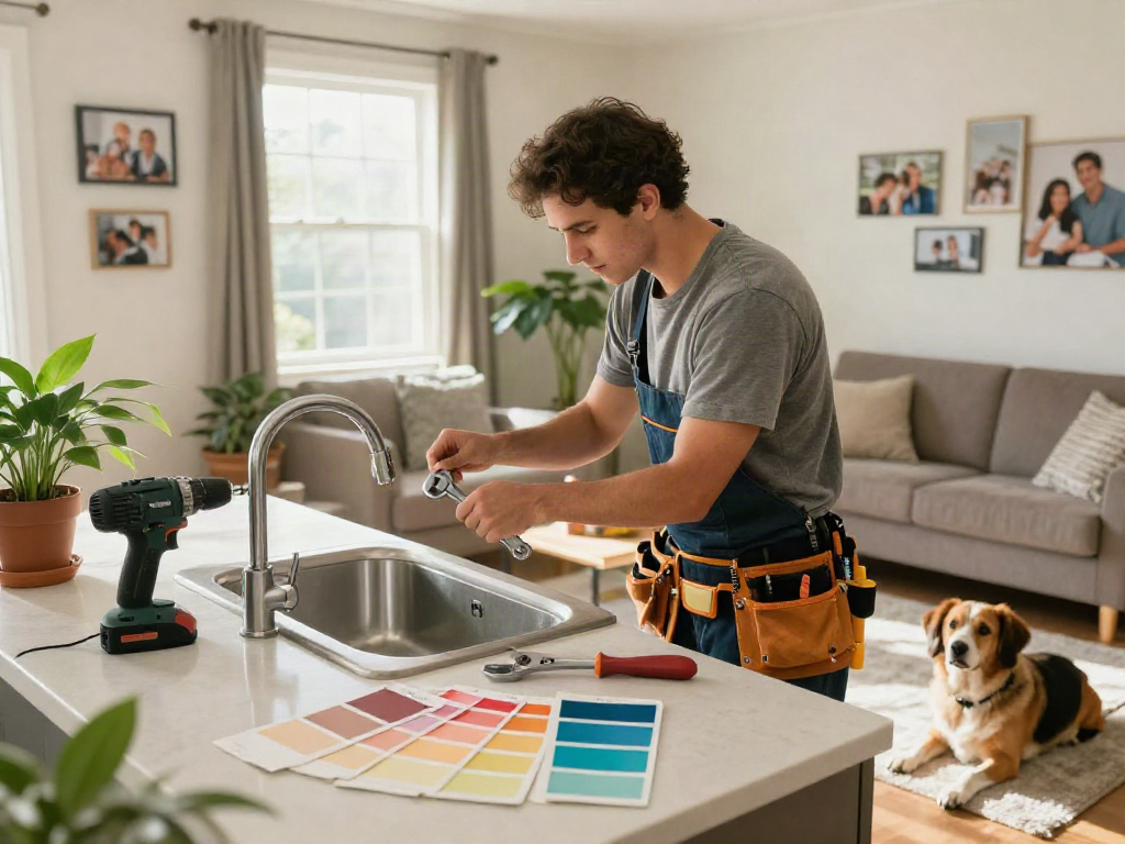 Professional home repair services Des Moines Iowa as handyman fixes leaky faucet in cozy living room