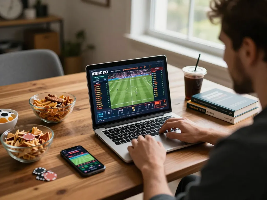 open88 player engaging in sports betting from a home office setup with laptop and snacks