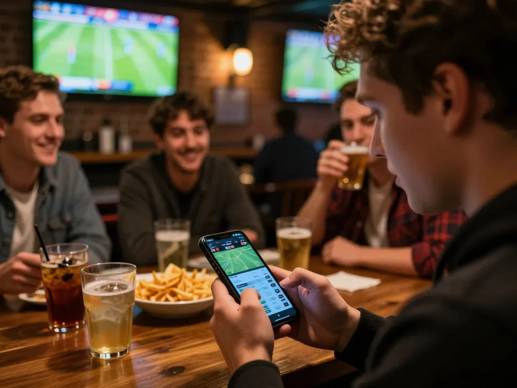 BONG88 users engaging in live sports betting during a thrilling football match at a lively sports bar.