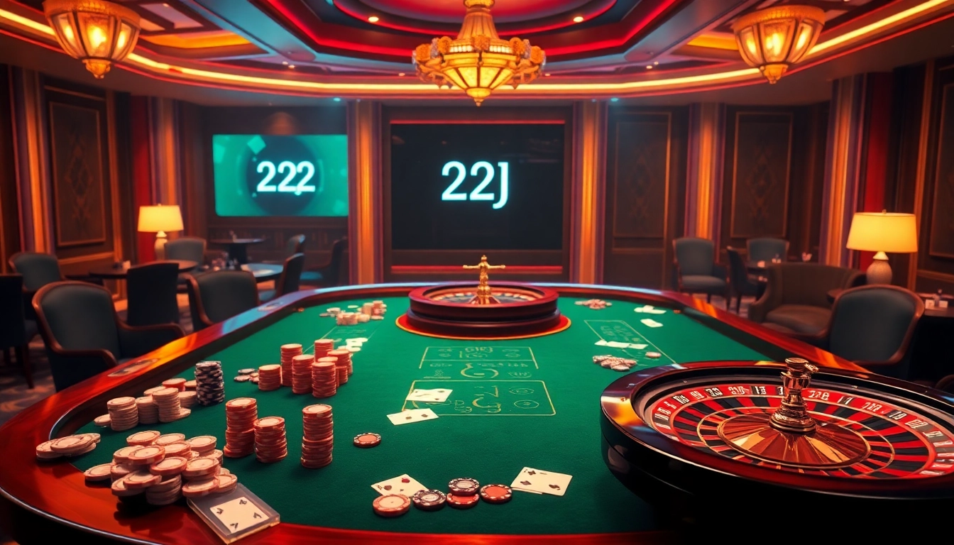 Engaged gamblers at a luxurious casino table featuring 22JL branding and vibrant poker chips.
