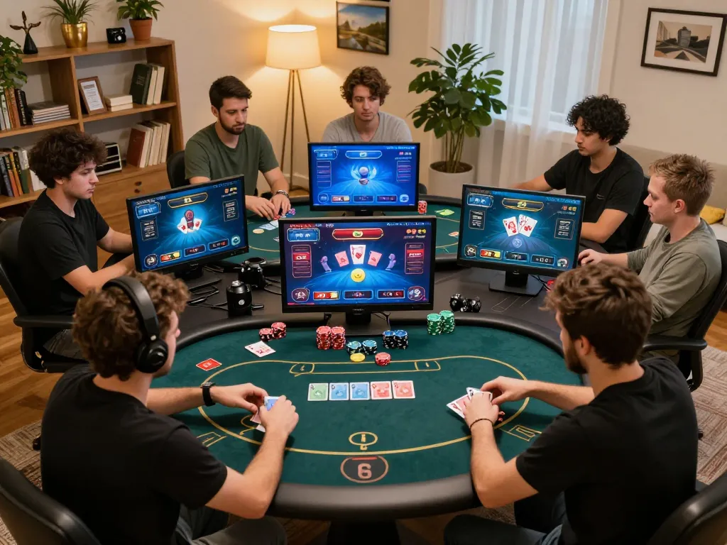 Players engaging intensely in an online poker game on 789WIN, showcasing strategic gameplay in a cozy atmosphere.