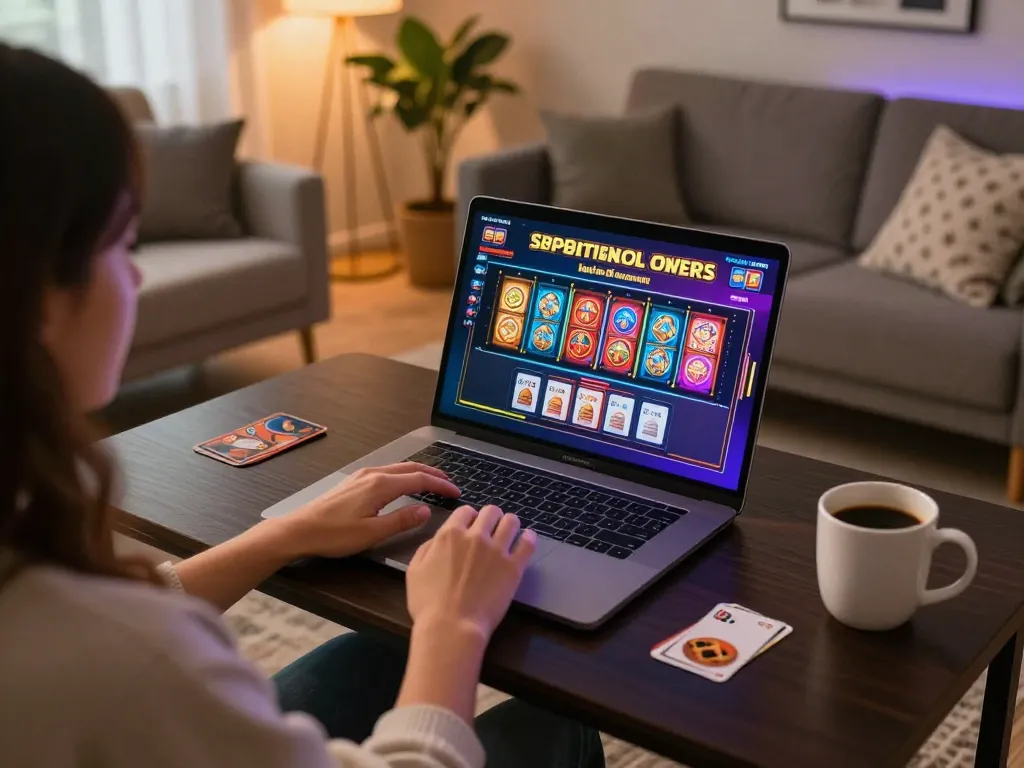 Enjoying online casino games on sp8beta with vibrant screen and cozy home setup