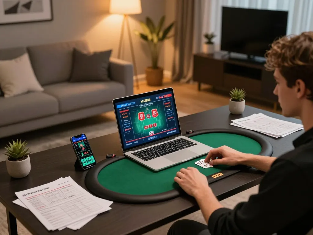 Engaged gambler enjoying poker online at VU88 on a sleek laptop with strategy notes visible.