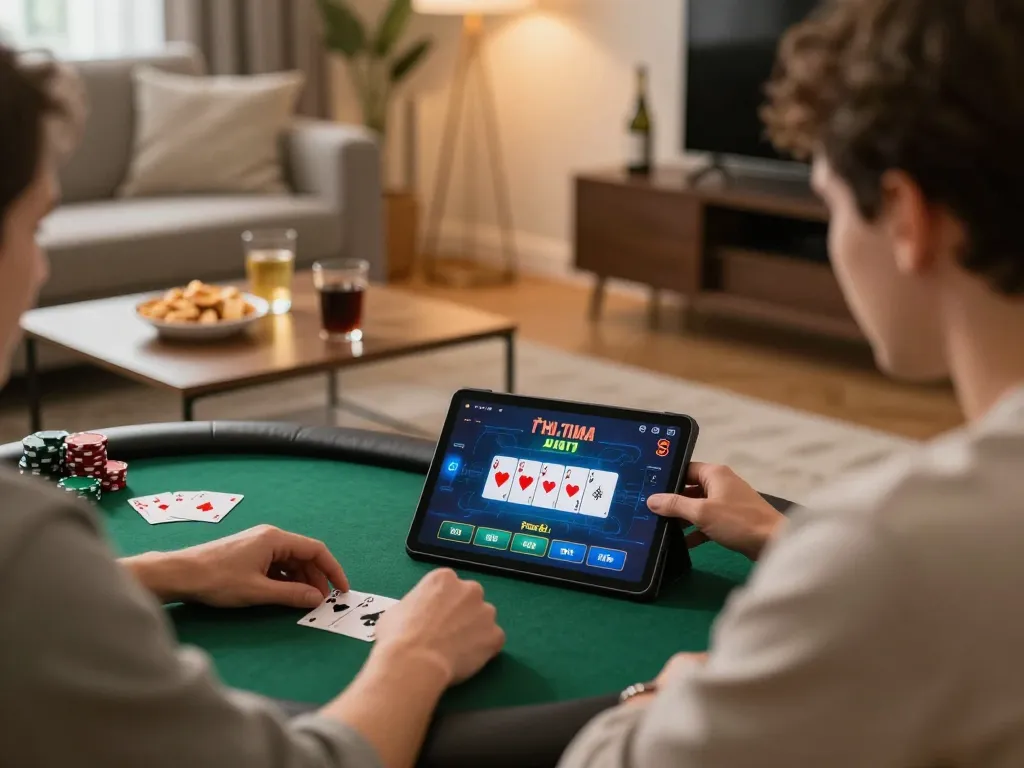 xx88 player engrossed in online poker game on tablet in cozy living room