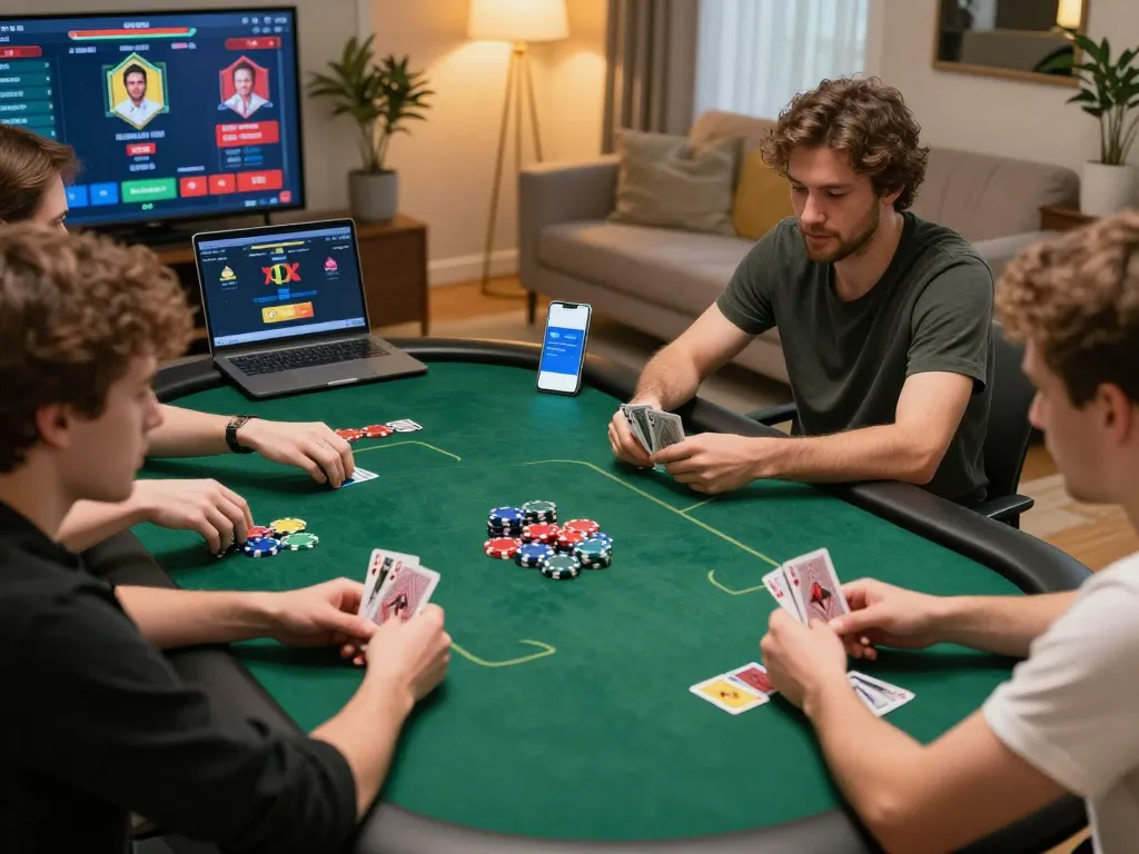 HM88 players strategizing during an exciting online poker game at home.