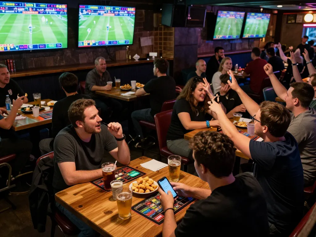 Kèo nhà cái hôm nay shows active sports betting in a lively bar with screens of games.