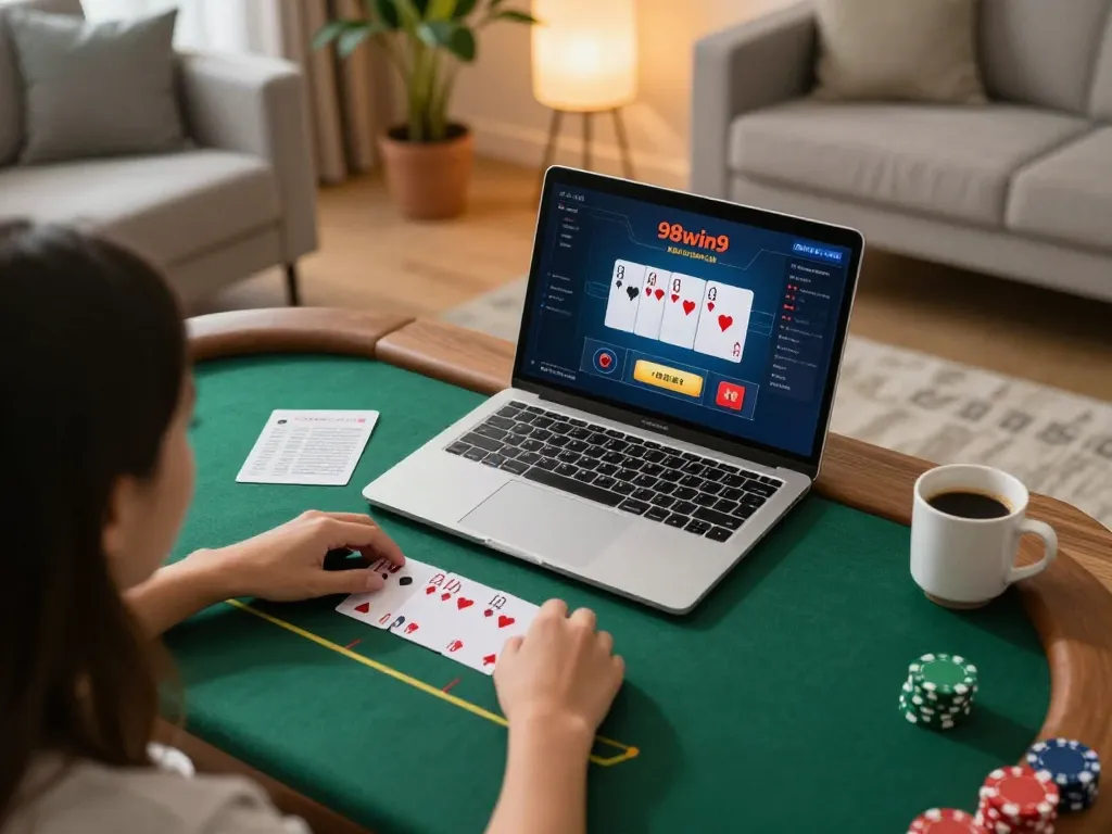 Playing poker on a laptop while engaging with 98win9, showcasing strategic gameplay.
