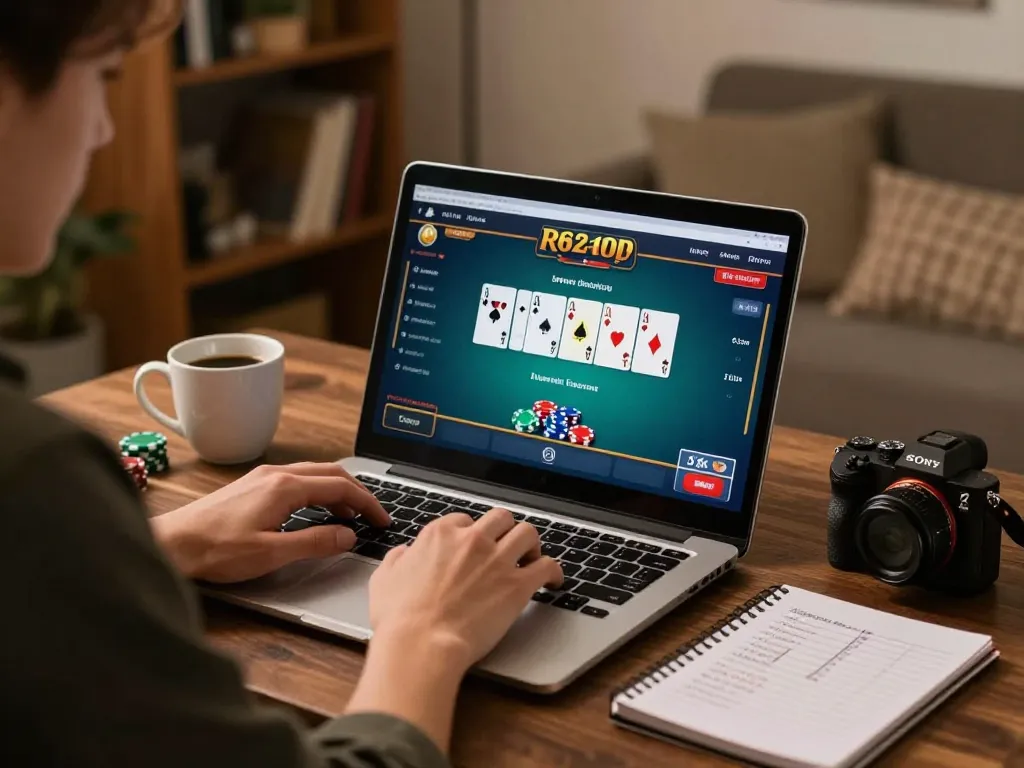 tv88 player engaging in online poker while analyzing strategies in a cozy home setting