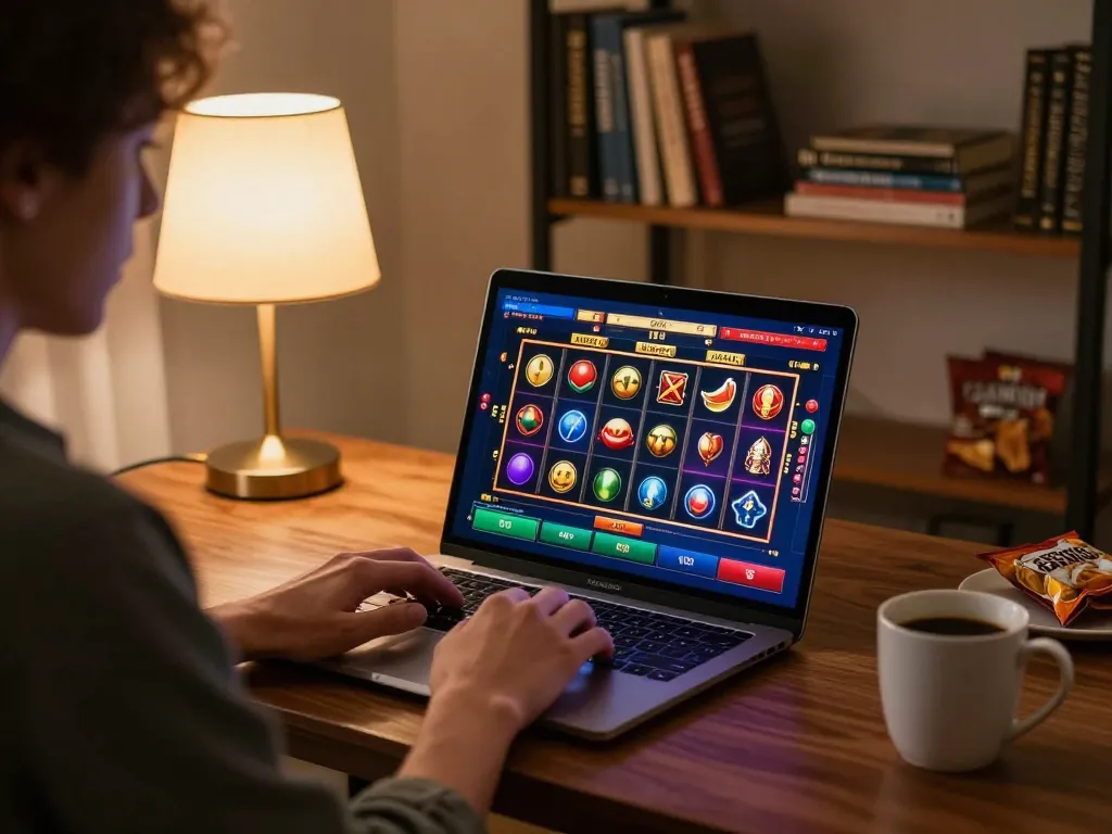 Engaging online slot gameplay on 789win com laptop in cozy home setting.