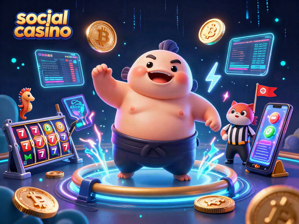 Experience the vibrant social casino scene with a fugu blowfish and vibrant slot elements.