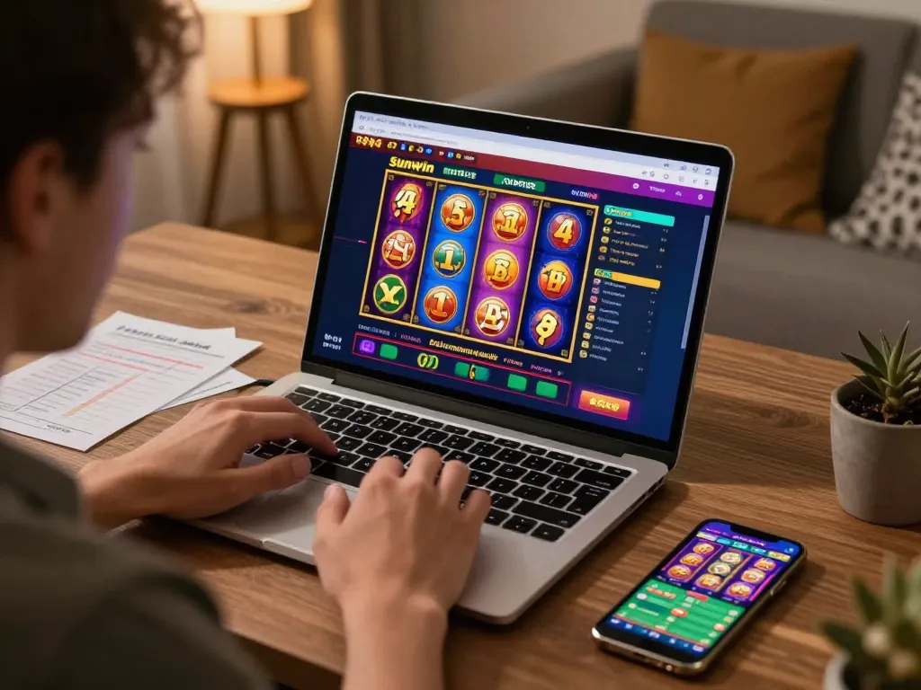 Person enjoying Sunwin online casino gaming on laptop with strategy notes visible