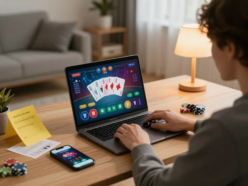 Play exciting online poker with U888 in a cozy home office setting, complete with betting notes and a smartphone.