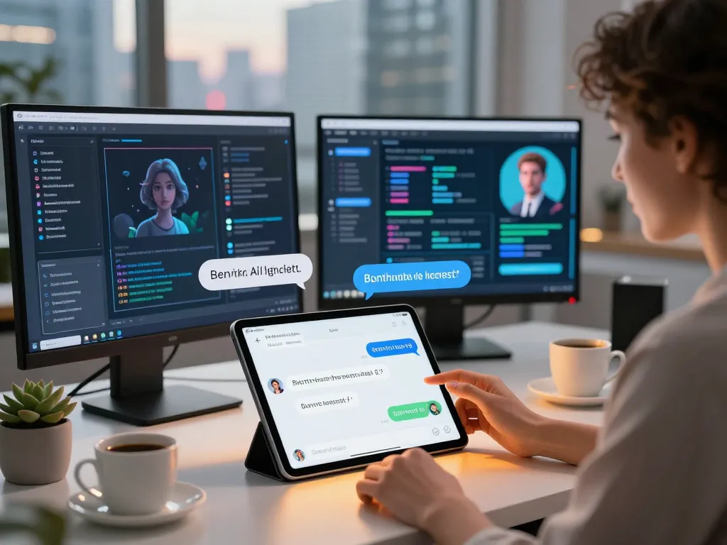 Engaging ai chat porn conversation on tablet in modern digital workspace.