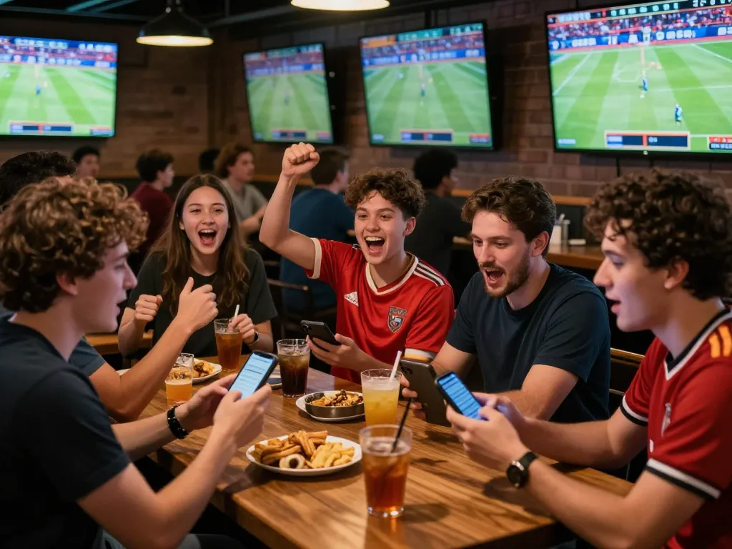 Sports betting excitement in a lively bar, fans cheering and placing bets on 88club events with smartphones.