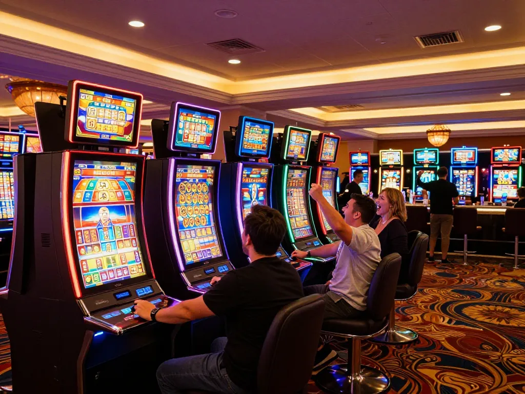 Players enjoying slot machines at lode88s casino, capturing the excitement of gambling.