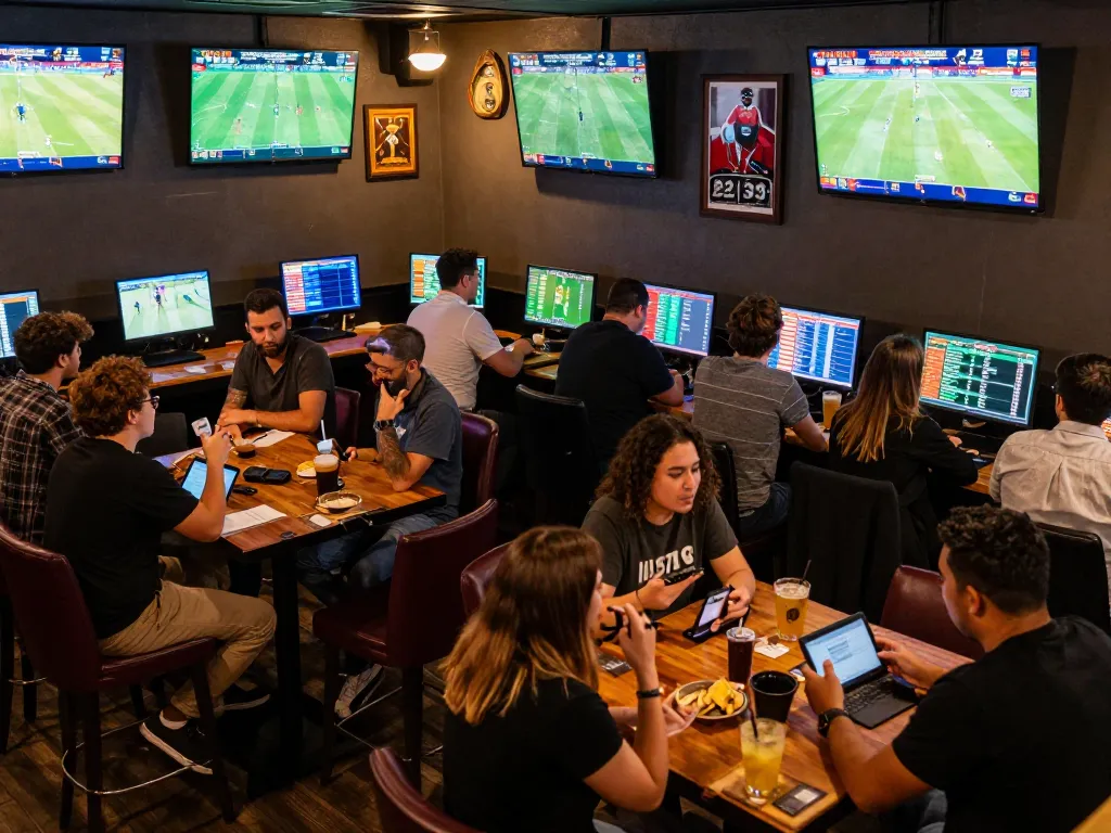 Engaged sports bettors analyzing odds at five88 during an exciting game night