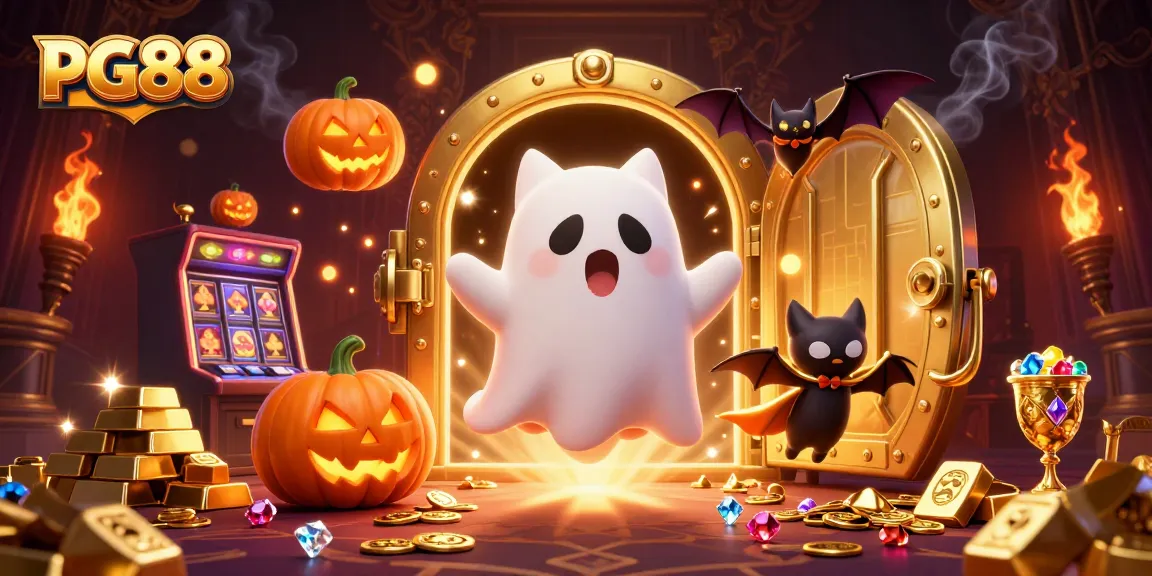 Experience the excitement at PG88 with a friendly ghost cat and vampire bat in a haunted casino.