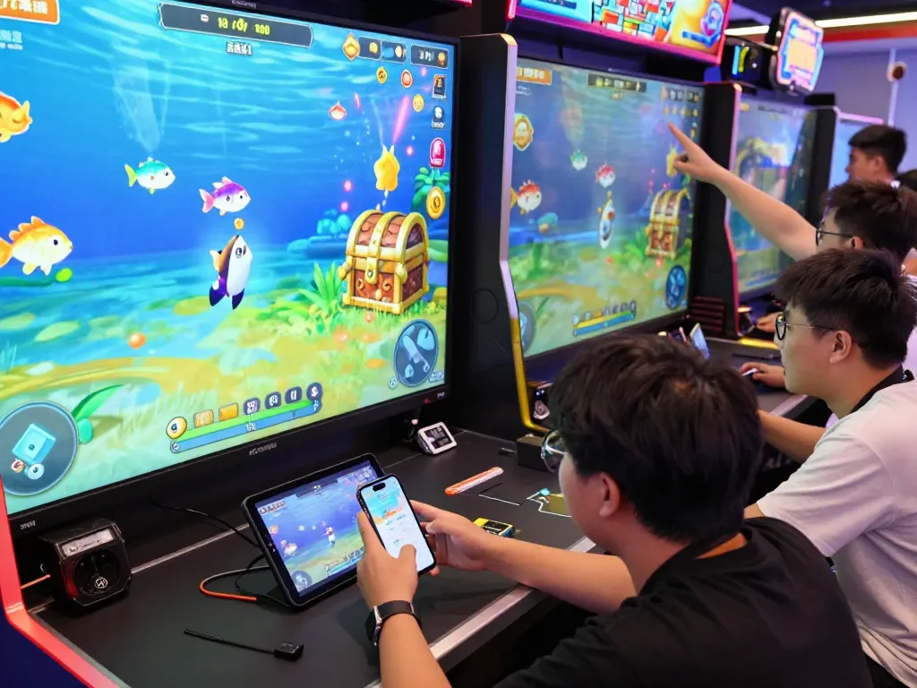 Exciting group of players enjoying immersive underwater fishing at https://79kingg.us/ in a vibrant arcade setting.