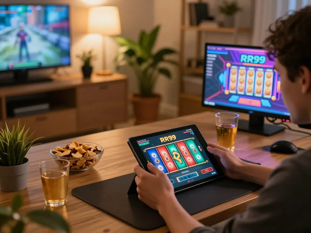 Engaging with the RR99 game online in a comfortable home setting, showcasing vibrant gaming and snacks