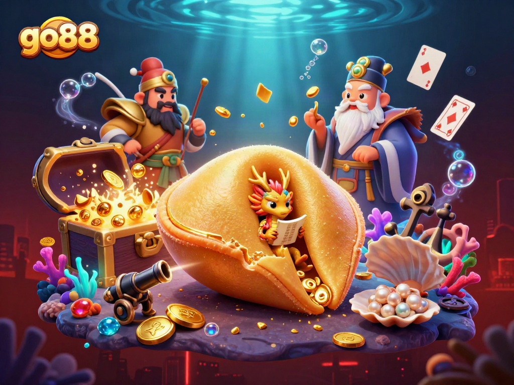 Spin the reels with go88's vibrant golden fortune cookie and accompanying characters in a magical casino scene.