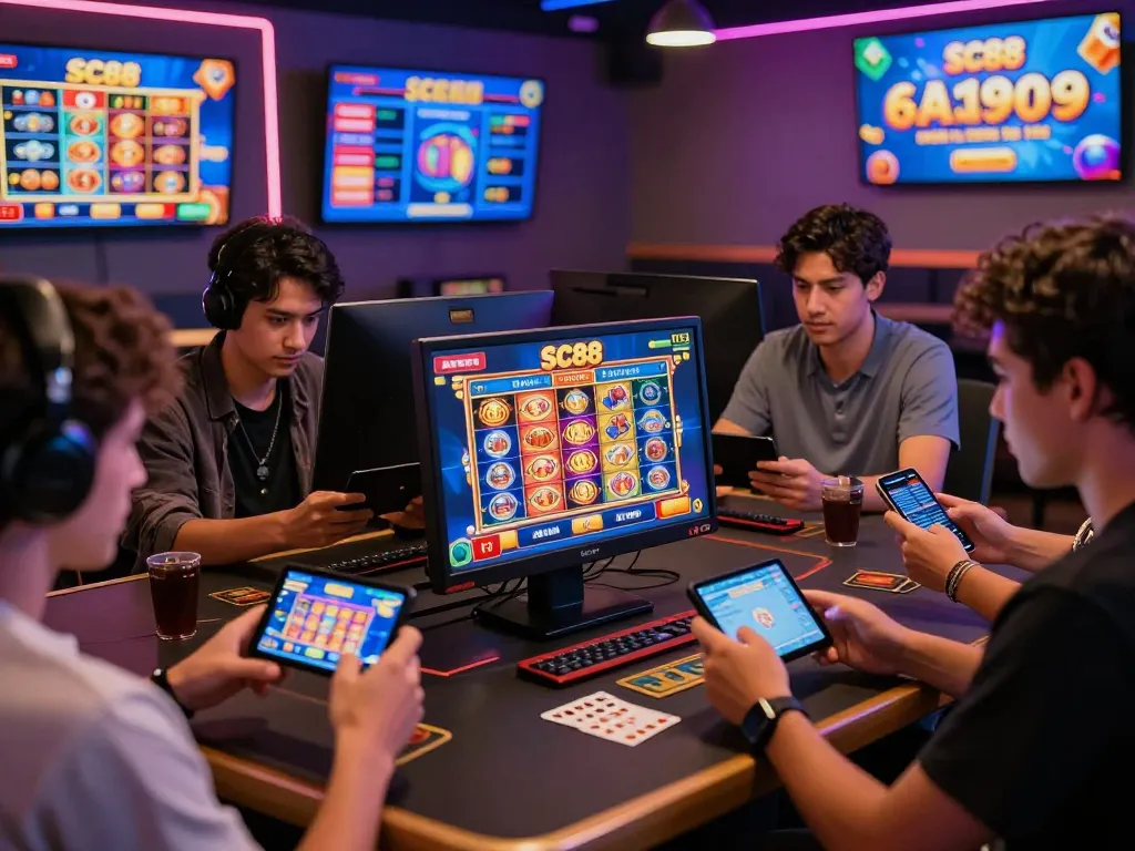 Players enjoying mobile gaming on the SC88 platform, showcasing vibrant graphics and a lively atmosphere in online gambling.