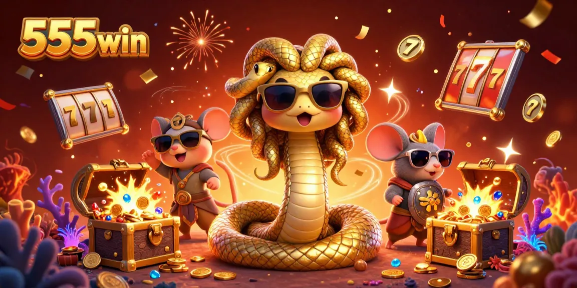 Experience the thrill with 555win as Medusa and friends engage with exploding treasures and slot reels.
