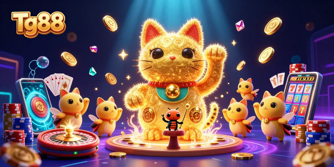 Tg88 showcases a vibrant casino scene with golden fireflies forming a lucky cat amidst sparkling action